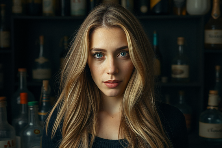 Create a high-resolution portrait of a pensive woman with long blonde hair, surrounded by an abstract arrangement of various bottles and objects in a dark, moody environment, using a Canon EOS R5 with a 50mm f/1.2 lens at ISO 100, aperture f/4, and a soft focus style for a dreamlike effect.