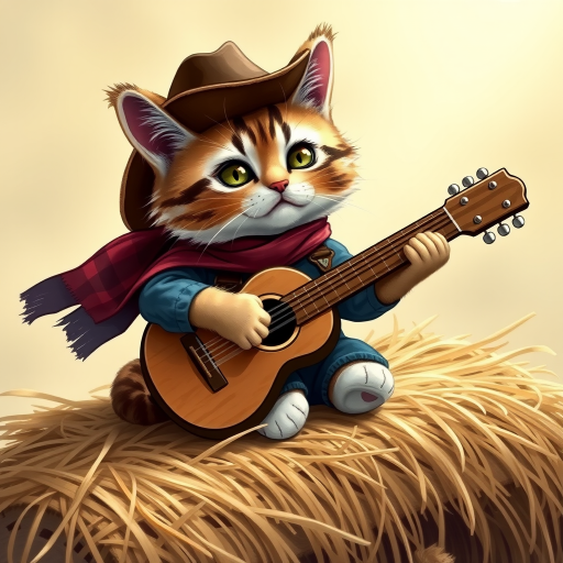 A chibi cat, dressed as a cowboy, playing guitar, sitting on a hay bale