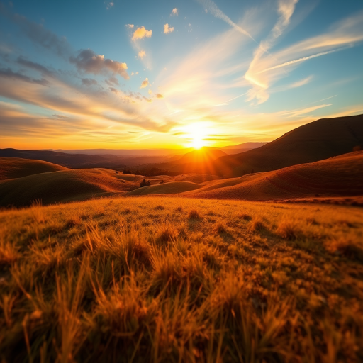 Generate a high-resolution image of a serene landscape featuring rolling hills and a sunset sky, using a DSLR camera with a 50mm lens at f/1.8, ISO 100, and 1/200s shutter speed, captured from a low angle view to emphasize depth and richness in colors.