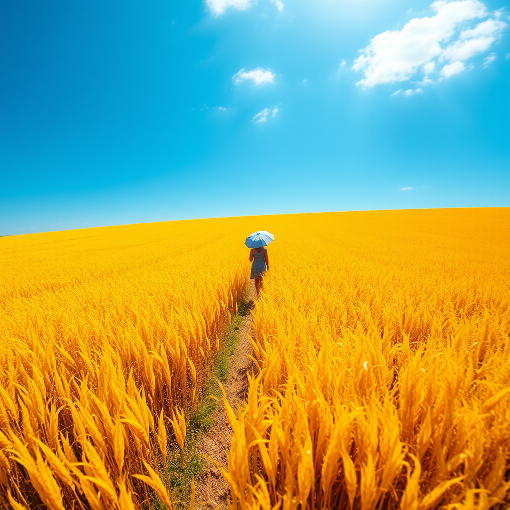 Regenerate an impressionist landscape of a golden field under a bright blue sky with a figure holding an umbrella walking through the field, using a Canon EOS R5, 50mm lens, f/1.8, ISO 100, natural light, shot from eye level for a vibrant and rich color palette.
