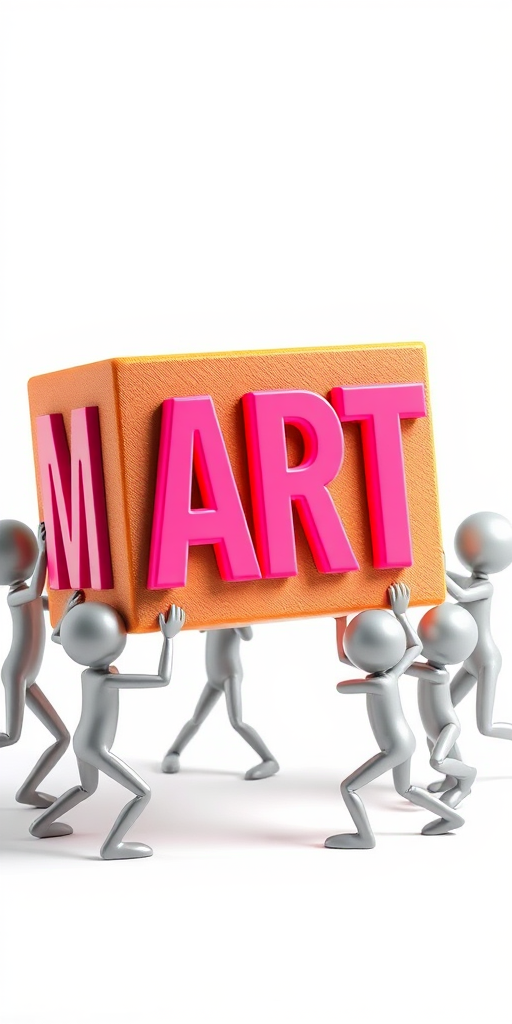 Create an illustration of small humanoid figures collaboratively lifting a large 3D block with the word "MART" in bold pink letters, captured with a DSLR camera at f/8, ISO 100, 24mm lens, in high dynamic range with a bright white background for contrast.