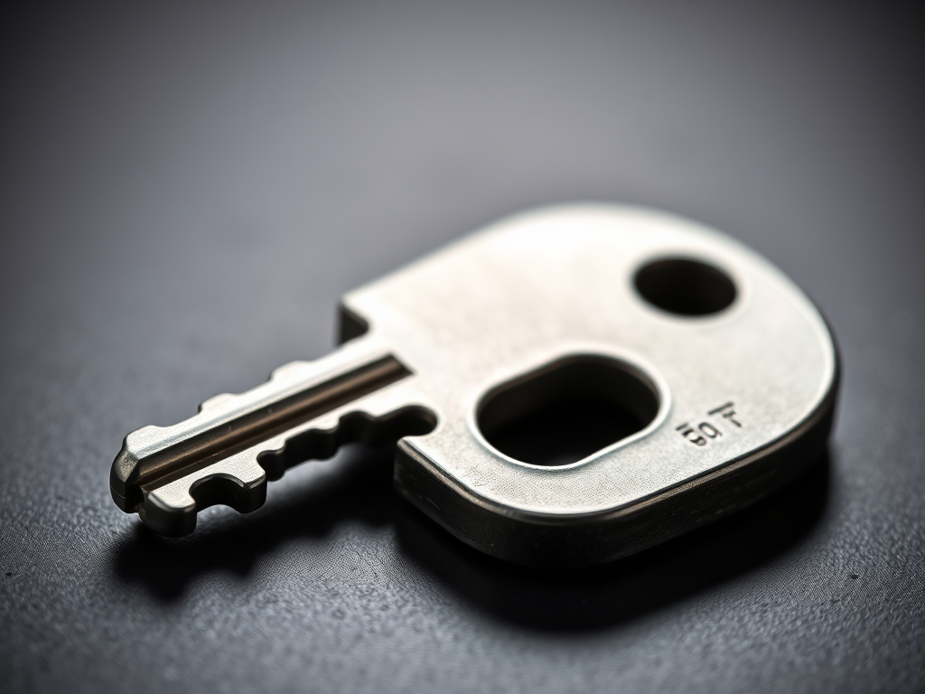 Create a high-resolution image of a metallic key with a smooth surface and sharp edges, using a DSLR camera with a 50mm lens, aperture set to f/2.8 for a shallow depth of field, ISO 100, and a focus on the key at a 45-degree angle for dramatic lighting and shadow effects.