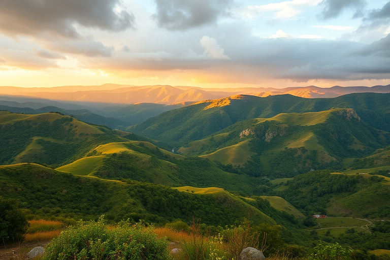 Capture a lush mountainous landscape with rolling hills and a mix of greenery under a dramatic sky, using a DSLR camera with a 24mm lens, aperture set to f/8, ISO 200, and shutter speed of 1/200 seconds, shooting from a high vantage point during golden hour for enhanced lighting and depth.