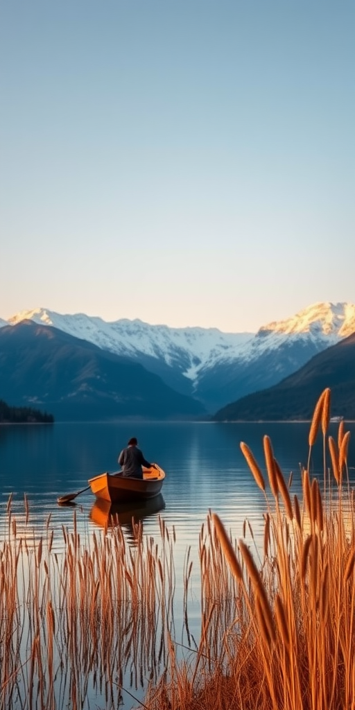 landscape of a serene lake with a fisherman on a wooden boat, snow-capped mountains in the background, golden reeds in the foreground, taken with a DSLR camera, 50mm lens, f/8 aperture, ISO 100, at sunset for warm lighting, focus on the fisherman and mountains, high resolution