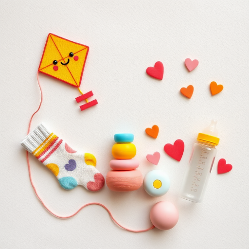 Create a whimsical illustration featuring a smiling kite, cozy socks, colorful stacking toys, a baby bottle, and playful hearts arranged artistically on a soft, textured background; use a DSLR camera with a 50mm lens, f/2.8 aperture, 1/125 sec shutter speed, and natural light for a bright, cheerful ambiance.