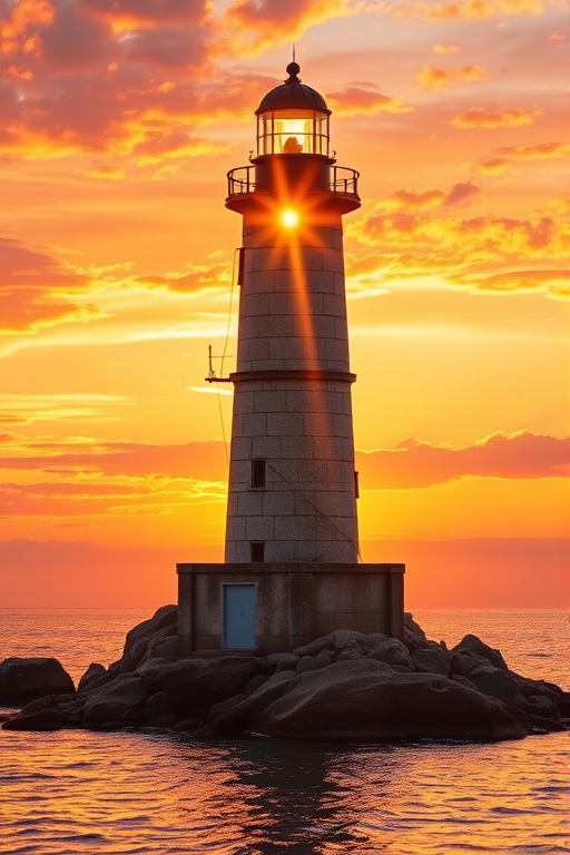 Generate an image of a tall lighthouse perched on a rocky outcrop surrounded by calm ocean waters during a breathtaking sunset. The lighthouse stands sturdy and weathered, its stone surface illuminated by the warm golden light of the setting sun. The sun's rays pass directly through the glass lantern room at the top of the lighthouse, casting a brilliant light across the scene. The sky is painted with vibrant shades of orange, pink, and purple, reflecting off the tranquil sea. The surrounding water shimmers with the same warm hues, creating a serene and majestic atmosphere.