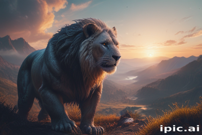 Majestic Lion Standing Proudly Against a Breathtaking Sunset Landscape.