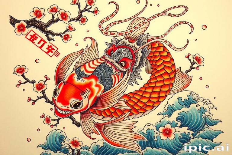 Japanese-inspired tattoo called "Koi Ascension" depicting a large, colorful koi fish transforming into a fierce dragon as it swims upstream, surrounded by cherry blossoms and traditional wave patterns, utilizing bold colors and flowing lines to create a sense of movement and transformation