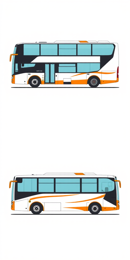 Create a highly detailed, high-resolution illustration of two distinct bus designs, top view and side view, using vector art style with clean lines and vibrant orange accents, captured with a Canon EOS R5, aperture f/8, ISO 100, at a focal length of 50mm, ensuring clear and professional quality for graphic design purposes.