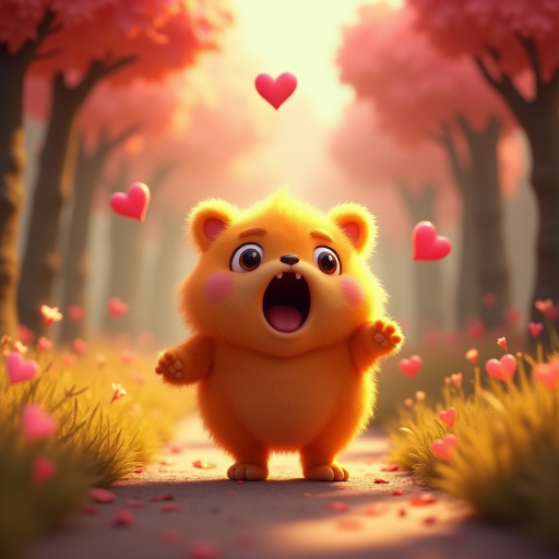 A fluffy orange creature with large eyes and a wide open mouth stands on a path in a whimsical forest, bright pink and red hearts float through the air, the creature has a surprised expression, the light is warm and soft, photorealistic, digital art, 3D style