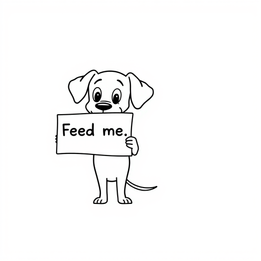 A minimalist cartoon of a PUPPY standing on a blank white background, holding a sign that simply says, 'Feed me.' The puppy is drawn with just a few lines: big eyes, whiskers, floppy ears, and a straight tail, giving it a comically desperate expression.