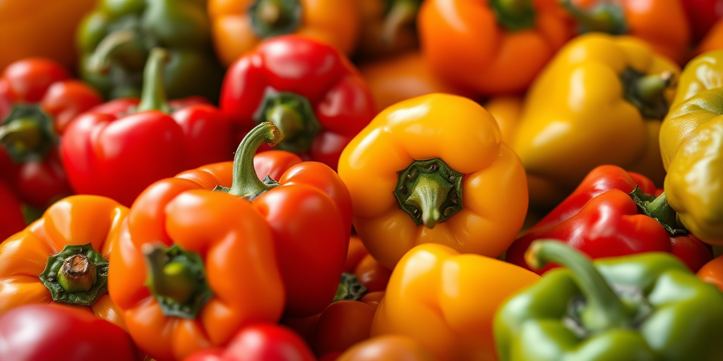 vibrant assortment of bell peppers in red, yellow, orange, and green, macro photography, f/2.8 aperture, ISO 100, 50mm lens, soft natural light, shallow depth of field, high-resolution image