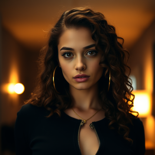 A young woman with long, curly brown hair is looking directly at the viewer. She is wearing a black top with a zipper down the front. The setting is a dimly lit interior space, with a warm, golden light emanating from the background. Her expression is neutral, with a hint of seriousness. The image is a close-up portrait with a shallow depth of field, focusing on the woman's face and torso. The background is blurred, creating a soft and intimate atmosphere.  She is wearing large gold hoop earrings, and a small gold chain is visible around her neck.  Her makeup is natural and simple, highlighting her brown eyes. The lighting creates subtle shadows that accentuate her features.  Her skin is smooth and glows in the soft light. The composition is balanced, with the woman's face positioned in the center of the frame.  The image is focused on capturing her beauty and confidence.