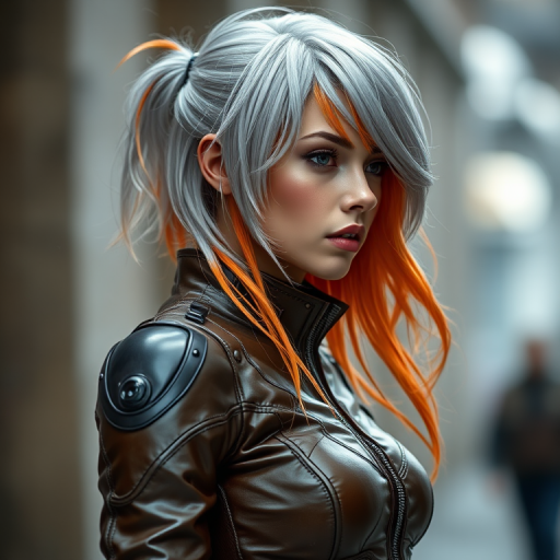 female character with silver and orange hair wearing a futuristic leather outfit, side profile, soft bokeh background, f/1.8 aperture, ISO 100, 50mm lens, natural light, portrait photography