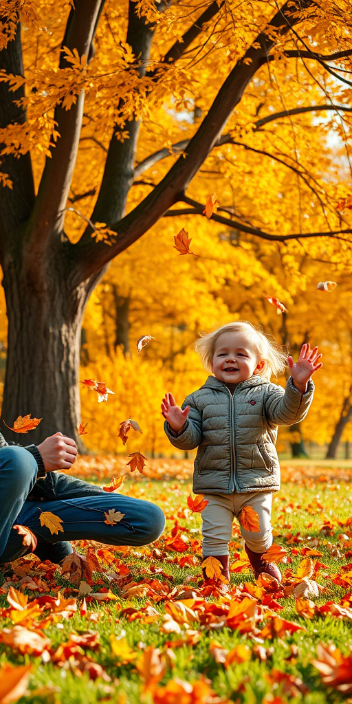 Capture a warm autumn scene of a man and a child playing with falling leaves under a tree, with golden foliage in the background, using a DSLR camera with a 50mm lens, aperture set to f/2.8, ISO 200, and a shutter speed of 1/200s, shot in natural light from a low angle to emphasize the joyful expressions and vibrant colors.