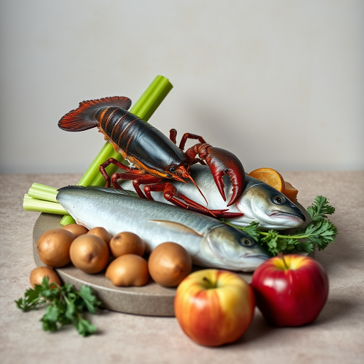 Create a still life composition featuring a lobster, fish, celery, potatoes, and an apple on a textured surface with a soft neutral background, shot with a Canon EOS R5, 50mm lens, f/1.8 aperture, ISO 200, natural light, emphasizing rich colors and fine details.