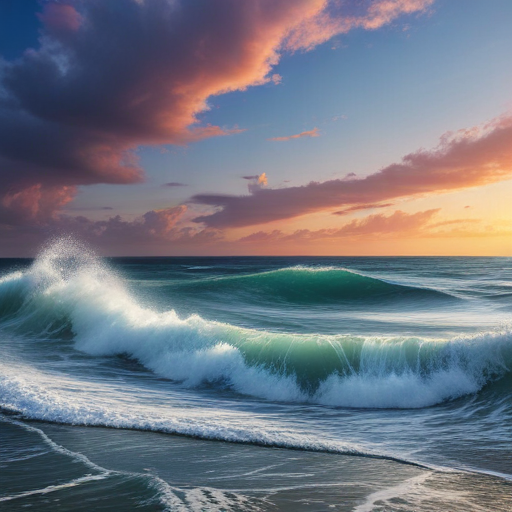 Majestic Ocean Waves Crashing Under a Vibrant Sunset Sky