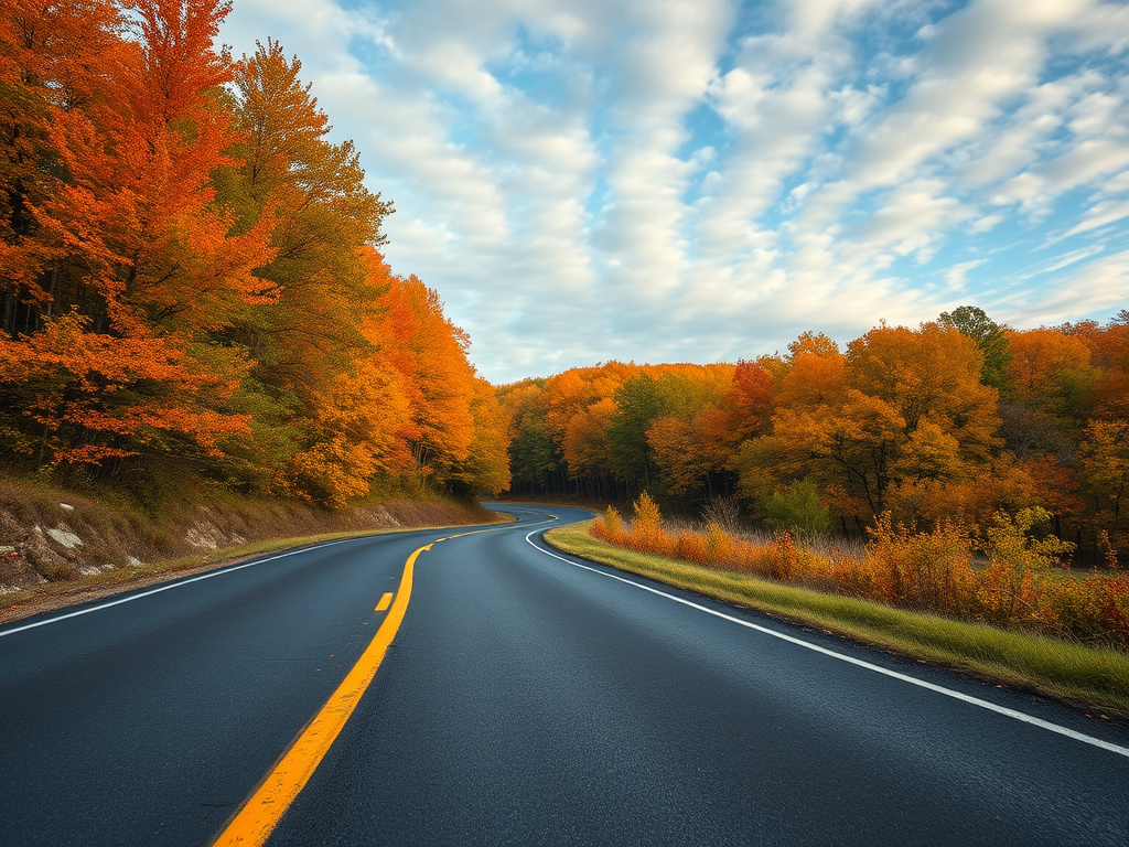 autumn landscape with a winding road surrounded by colorful trees, early morning light, 24mm lens, f/8 aperture, ISO 100, shot with a DSLR camera at a low angle for depth perspective, emphasize vibrant colors and cloud patterns in the sky