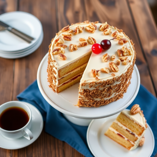 A beautifully layered cake with cream frosting topped with nuts and cherries, displayed on a white cake stand with a slice cut out, surrounded by plates and a cup of coffee on a wooden table with a blue cloth underneath.