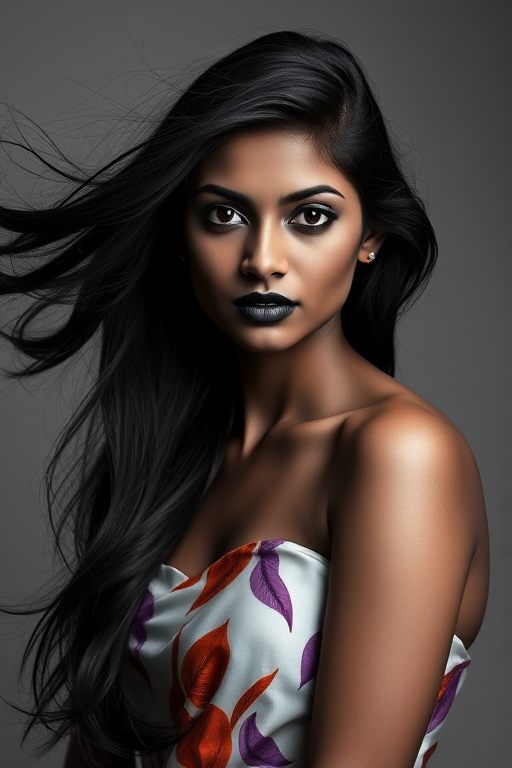 Photographic image of a beautiful young Sri Lankan woman, black eyes, lips with black lipstick, long hair fluttering in the wind and wearing a silk strapless dress with a soft purple and orange print. monochrome image with only color highlights in the iris of the eyes, lipstick and dress. Gray background.