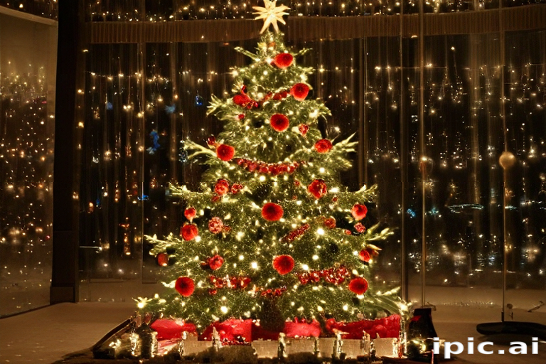 Beautifully Decorated Christmas Tree Sparkling with Lights and Ornaments