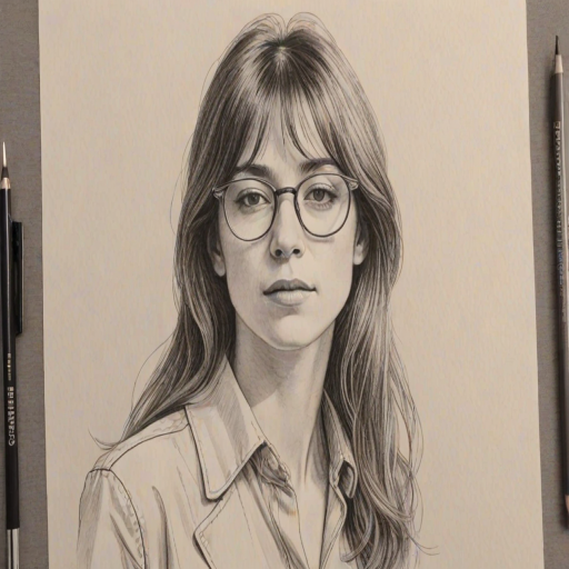 Elegant Charlotte Gainsbourg, pencil sketch, portrait of Magnificent woman 1972s in glasses, hair style beatnik, outline, clear lines, fine lines, 8k