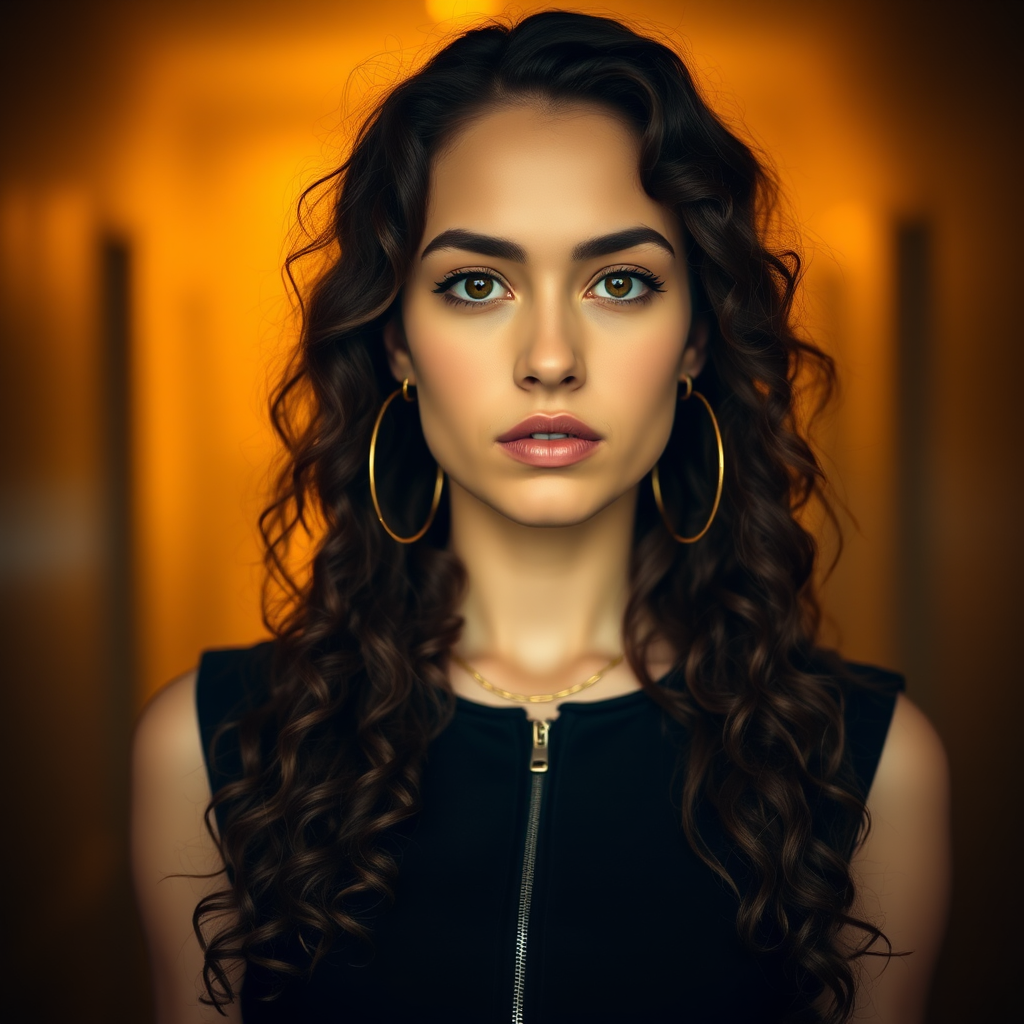 A young woman with long, curly brown hair is looking directly at the viewer. She is wearing a black top with a zipper down the front. The setting is a dimly lit interior space, with a warm, golden light emanating from the background. Her expression is neutral, with a hint of seriousness. The image is a close-up portrait with a shallow depth of field, focusing on the woman's face and torso. The background is blurred, creating a soft and intimate atmosphere.  She is wearing large gold hoop earrings, and a small gold chain is visible around her neck.  Her makeup is natural and simple, highlighting her brown eyes. The lighting creates subtle shadows that accentuate her features.  Her skin is smooth and glows in the soft light. The composition is balanced, with the woman's face positioned in the center of the frame.  The image is focused on capturing her beauty and confidence.