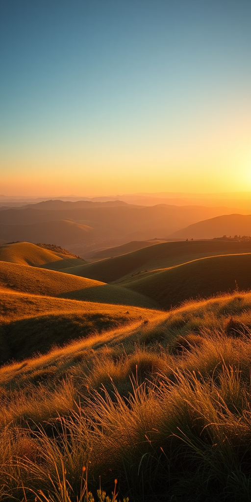 Generate a high-resolution image of a serene landscape during sunrise with soft golden light illuminating rolling hills, using a Canon EOS R5, 35mm f/1.4 lens, aperture set to f/8, ISO 100, 1/200 sec shutter speed, and a wide-angle view for enhanced depth.