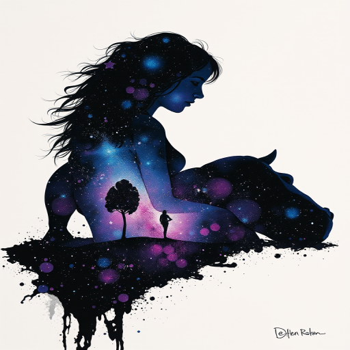 Captivating conceptual render alcohol ink art, double exposure, the paint strokes artfully merge combining a woman's full silhouette with a Lounging hippo's silhouette. The figures are composed of a series of colored dots, lines & spots that evoke the image of a cosmic galaxy, colors are deep shades of blue purple & black with flashes of white & silver representing distant stars. The woman's silhouette is formed within the lion's silhouette from constellations of scattered stars, surreal