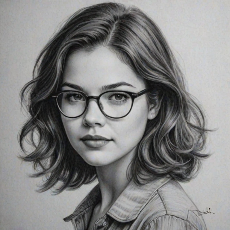 Resplendent Danielle Campbell, pencil sketch, portrait of Enchanting woman 1928s in glasses, hair style beatnik, outline, clear lines, fine lines, 8k