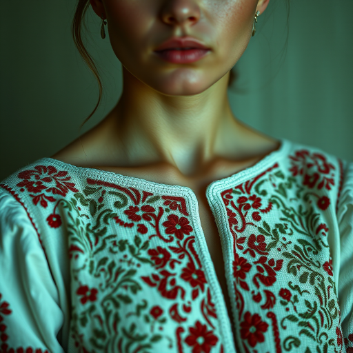 Face, shoulders, chest covered in openwork Ukrainian embroidery. Raw, unedited image.