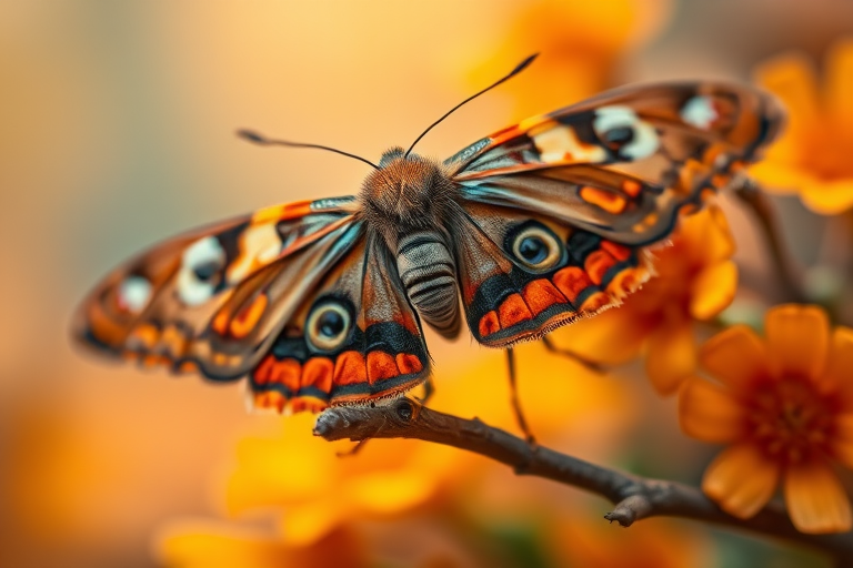 Generate a close-up image of a colorful moth perched on a branch. The moth should display intricate patterns on its wings, featuring vibrant orange, brown, and black colors, with distinctive eye-like markings. The background should be softly blurred, showcasing a warm, floral environment.