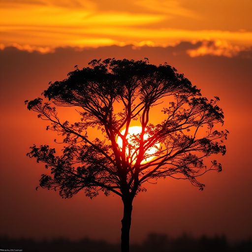 Generate a high-resolution silhouette of a tree against a sunset backdrop, shot with a DSLR camera at 50mm focal length, aperture f/2.8, ISO 100, in portrait mode for a soft bokeh effect.