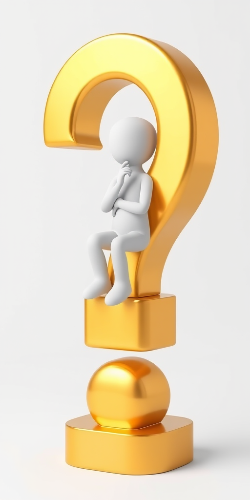 Generate an image of a 3D white figure sitting thoughtfully atop a large shiny golden question mark, with a clean white background, shot with a Canon EOS R5, aperture f/2.8, shutter speed 1/125s, ISO 100, using a macro lens for sharp detail and high resolution.