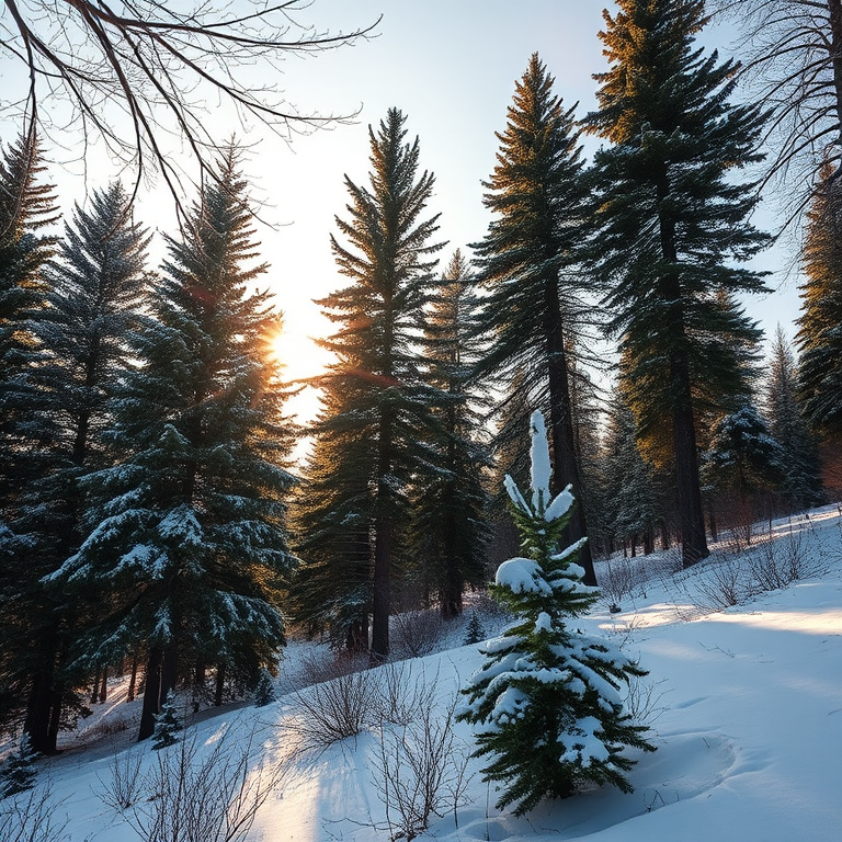 winter landscape with snow-covered ground and tall evergreen trees, soft golden sunlight peeking through branches, mid-afternoon lighting, wide-angle lens, f/8 aperture, ISO 100, 24mm focal length, DSLR camera, vibrant colors and sharp details