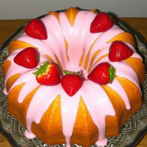 A round bundt cake with a smooth pink icing glaze drizzled over the top, adorned with fresh strawberries on the center, placed on a decorative glass platter. The cake has a golden-brown color and a glossy finish, with a textured surface that hints at a moist interior.