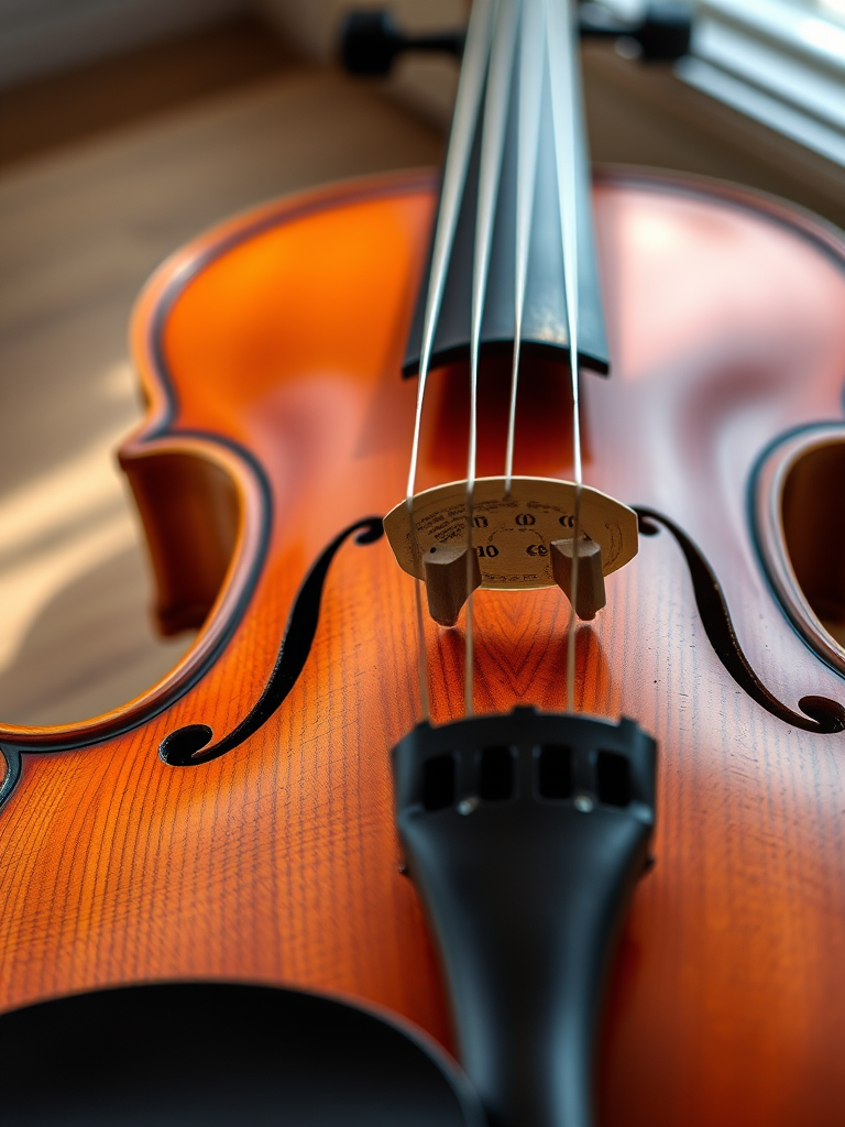 Create a detailed image of a violin with intricate wood grain texture, illuminated by soft natural lighting, photographed with a DSLR camera at f/2.8 aperture, 50mm lens, in a shallow depth of field focus, capturing the contours and curves of the instrument against a blurred background.