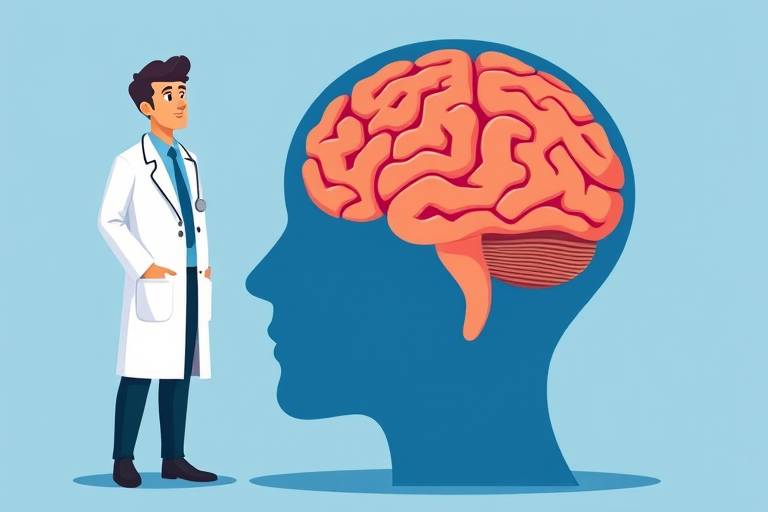 illustration of a doctor in a lab coat standing next to a large head with a brain inside, flat design, vibrant colors, high-resolution vector style, camera settings: ISO 100, f/8, shutter speed 1/60, camera view: eye-level shot, camera style: digital art, camera type: vector graphics