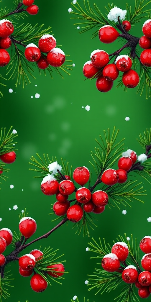 Create a seamless pattern design featuring red berries and pine branches against a green background, with snowy accents, captured in high resolution using a DSLR camera, 50mm lens, f/2.8 aperture, ISO 100, and a shallow depth of field for enhanced texture and detail.