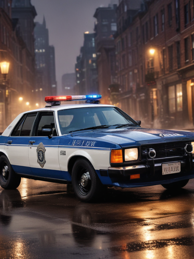 Classic Police Car Parked on a Rainy Urban Street at Night
