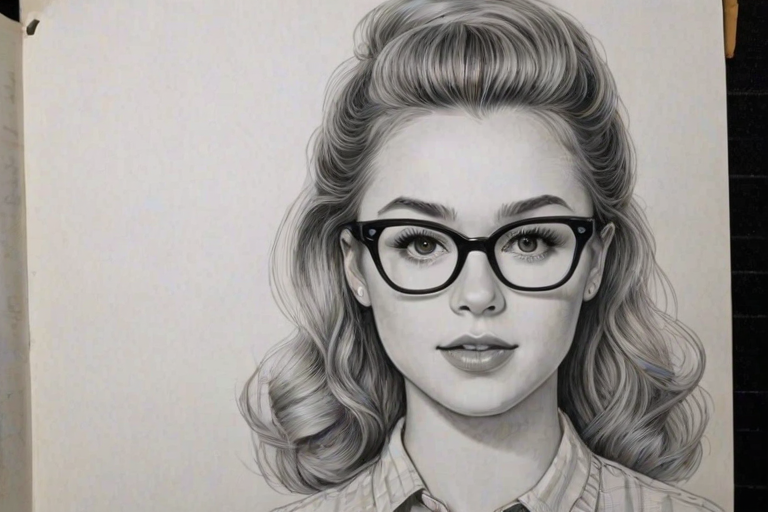 Alluring Brec Bassinger, pencil sketch, portrait of Pleasing woman 1959s in glasses, hair style beatnik, outline, clear lines, fine lines, 8k