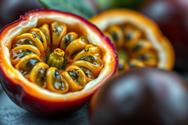 Create a highly detailed and vibrant close-up image of a cut-open passion fruit and a whole passion fruit, using a macro lens at f/2.8 for shallow depth of field, ISO 100 for minimal noise, and a soft natural light source to enhance texture and color contrast.