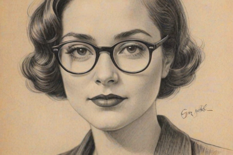 Radiant Gina Kimmel, pencil sketch, portrait of Enchanting woman 1928s in glasses, hair style beatnik, outline, clear lines, fine lines, 8k