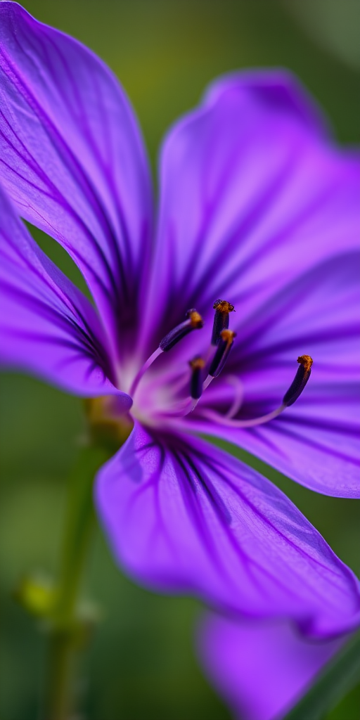 macro view of a vibrant purple flower with fine details in the petals and stamens, shallow depth of field, f/2.8 aperture, 100mm lens, ISO 100, natural lighting, DSLR camera