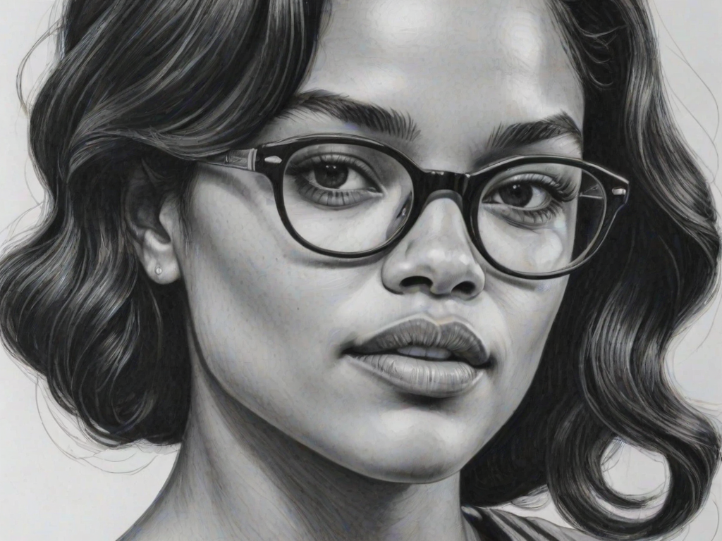 Alluring Tessa Thompson, pencil sketch, portrait of Elegant woman 1963s in glasses, hair style beatnik, outline, clear lines, fine lines, 8k