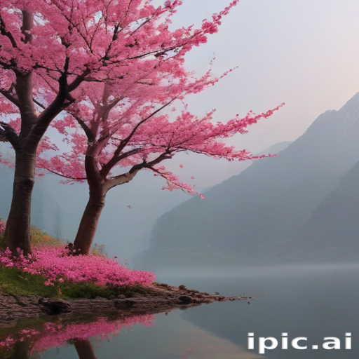 Serene Landscape of Cherry Blossoms by a Misty Mountain Lake