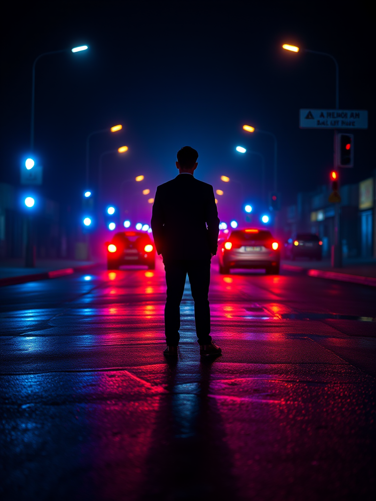 Create a dramatic nighttime scene featuring a silhouette of a person in a suit standing on a wet, reflective street surrounded by blue and red police lights, using a Canon EOS R5 with a 50mm lens, aperture set to f/1.8, ISO 200, and a shutter speed of 1/60s to enhance depth of field and capture vivid colors.
