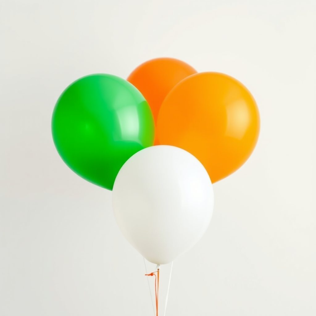 Generate an image of three balloons in green, orange, and white colors, using a Canon EOS 5D Mark IV with a 50mm lens, aperture f/2.8, ISO 100, shot at a 45-degree angle with a soft focus background for a vibrant presentation.