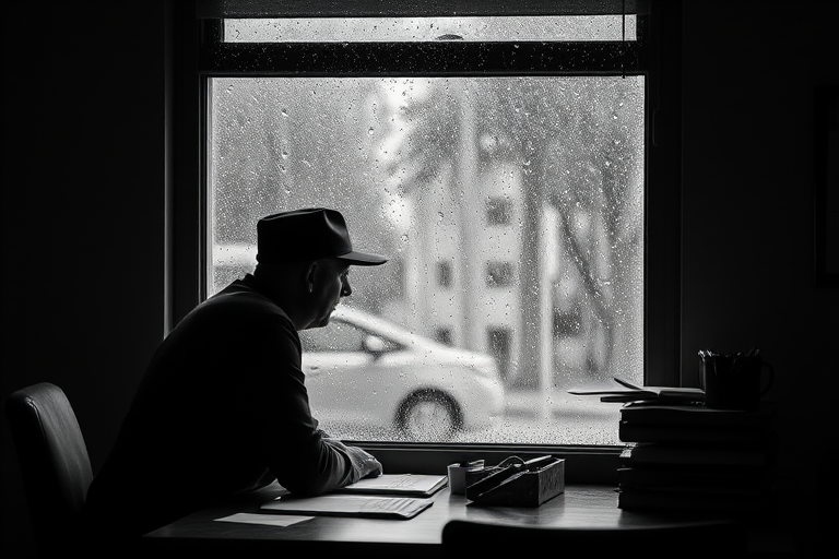 a man in a hat sitting at a desk looking out at rain through a window, monochrome style, soft focus, ISO 200, aperture f/4, 50mm lens, natural light, high dynamic range imaging