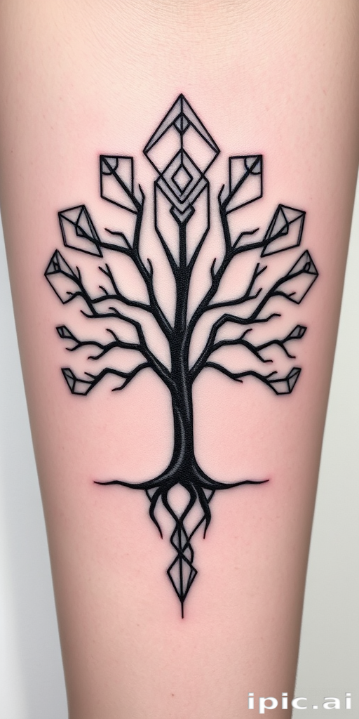 Minimalist blackwork tattoo showcasing a series of interconnected geometric shapes forming a stylized tree of life, with negative space creating intricate branch patterns and subtle shading techniques